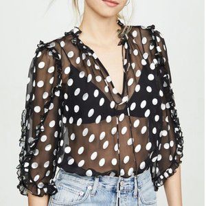 Alice and Olivia Julius Polka Dot Silk-Blend Ruffle-Sleeve Blouse